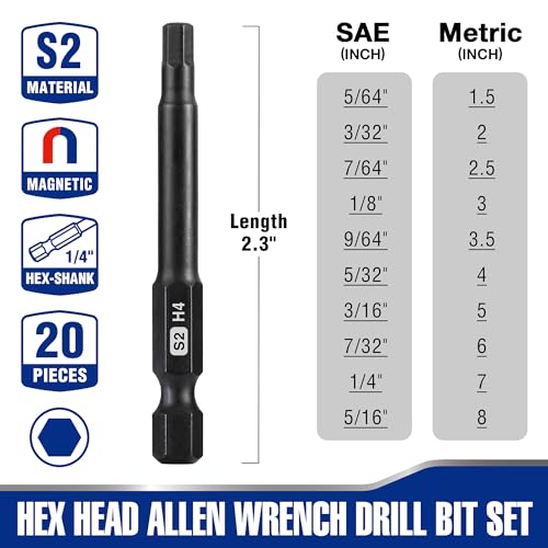 WORKPRO 20PCS Hex Head Allen Wrench Drill Bit Set, 2.3" Magnetic Tips - color: Hex