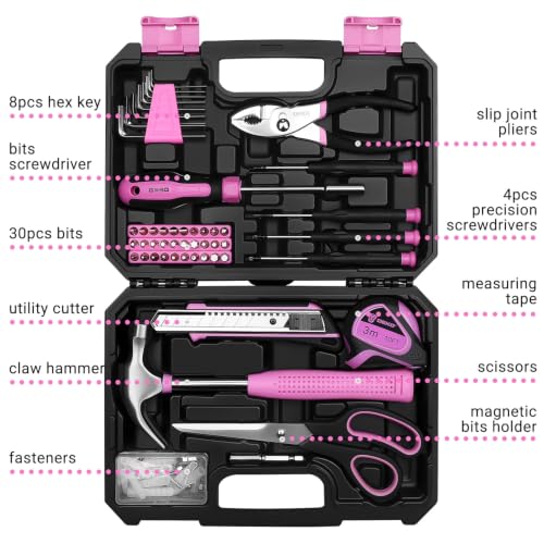 DEKOPRO 50 Piece General Household Hand Tool Kit with Plastic Toolbox Storage Case, All Purpose Home Tool Kit Includes Essential Tools for Office College Repairs - Pink - color: Pink-50pcs