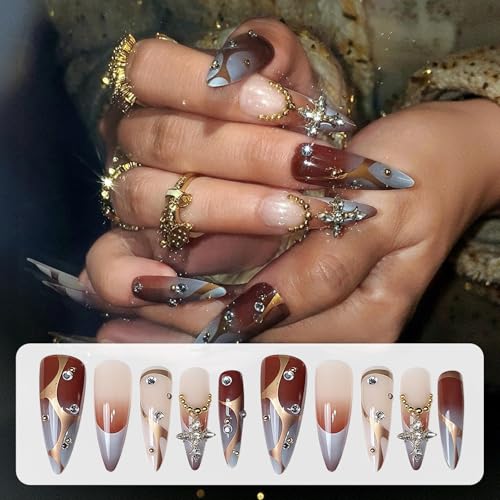 3D Press on Nails Almond - Long Tip Fake Nails with Embossed Cross&White Bead Designs, Glossy Finish Reusable False Nails for Women Manicure(3D Embossed design 25） - color: 3D Embossed design 25