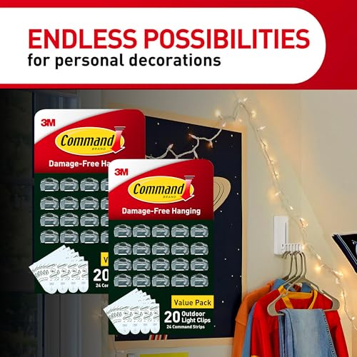 Command Outdoor Light Clips, 40 Clear and 48 Strips, Damage Free Hanging with Weather Resistant Strips, Wall Clips for Hanging Outdoor Lights and Cable Management - size: 2 Pack