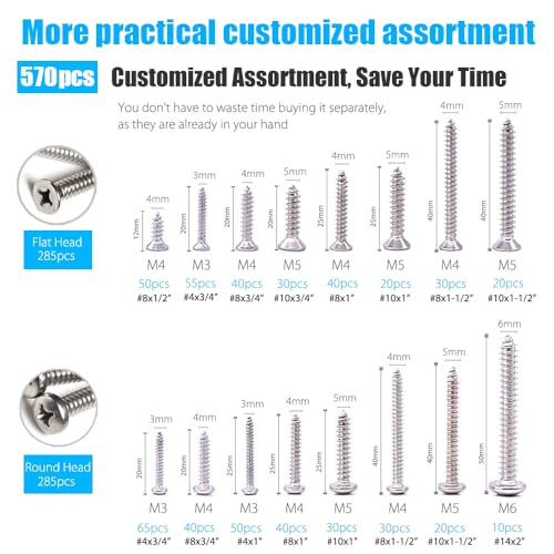 570Pcs Self Tapping Screws Assortment Set, M3/M4/M5/M6 304 Stainless Steel Sheet Metal Screws Kit, Phillips Drive Wood Screw Assortment 570pcs (285pcs Round Head and 285pcs Flat Head)