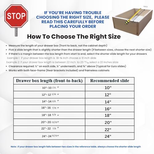 22 Inch Euro Slides, Pack of 2, for Face-Frame and Frameless Cabinets. 75lbs Capacity Cold Rolled Steel, Powder Coated. Choose Length by Drawer Box and not Cabinet Depth. Includes Brackets & Screws - size: 22 Inch
