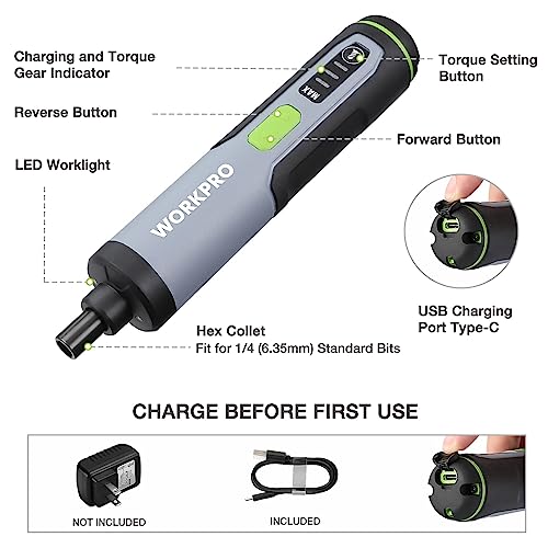 WORKPRO 4V Electric Screwdriver, Rechargeable Cordless Screwdriver Set with 35 Bits, Extension Rod, USB Charging Cable in Carrying Case, LED Light, Black Gray