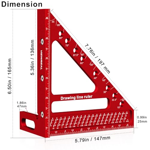 Large Carpenter Square 6.5''x5.79''Protractor Ruler with 3D Multi-Angle Measuring and Scribing Features with Anti-Lost Pin for Accurate Woodworking & Construction - color: Red