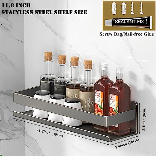 Stainless Steel Wall Mounted Floating Shelves, Drill-Free Adhesive or Screw In, Rustproof Bathroom Organizer & Kitchen Spice Storage Rack, Detachable Metal Display Shelf for Living Room, Gray