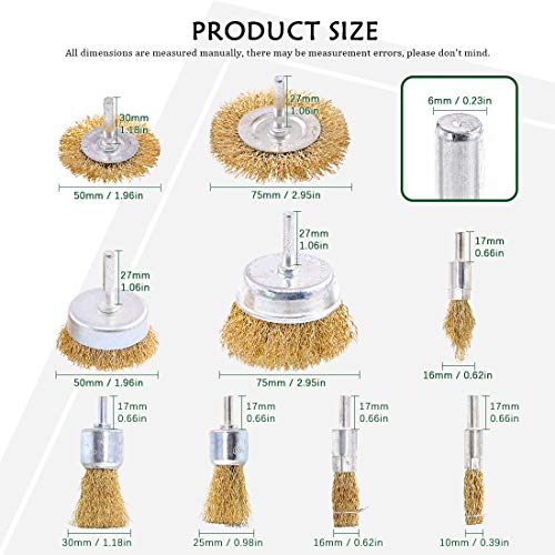 Keadic 9 Pieces Brass Wire Brushes Cup Wheels Brush Set with 1/4 Inch Shank, Polishing Attachment Die Grinder Rotary Tools Accessories for Cleaning Rust Corrosion