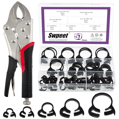 Swpeet 57Pcs 5 Size Heavy Duty Double Snap Grip Nylon Hose Clamps and 7" Curved Jaw Locking Pliers Assortment Kit, Adjustable Ratcheting Hose Clamp, Vice Grips Pliers, Snap Fastener