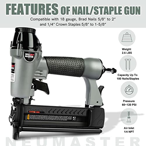 NEU Master Nail Gun, 2 in 1 Pneumatic Brad Nailer/Staple Gun