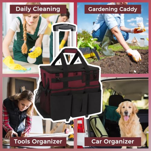 SCAVATA Rolling Cleaning Caddy Bag with Detachable Trolley, Large Cleaning Supplies Organizer with Wheels, Multi-Pocket Cleaning Cart with Adjustable Shoulder Strap for Housekeepers (Magenta) - color: Magenta