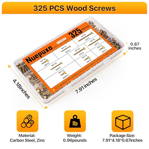 325PCS Wood Screws Assortment Kit, 9 Sizes Phillips Flat Head