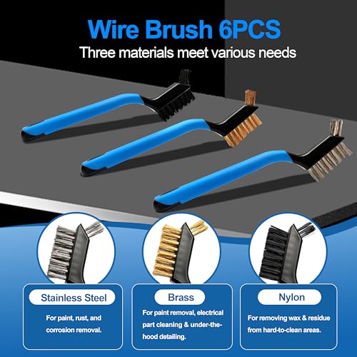 Mini Wire Brush Set 6Pcs - Nylon/Brass/Stainless Steel Bristles with Curved Handle Grip for Rust, Dirt & Paint Scrubbing with Deep Cleaning - style: Nylon, brass, stainess 6pcs