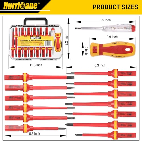 HURRICANE 1000V Insulated Screwdriver Set, 15 Piecse Professional Insulated Electrician Screwdriver Set, CR-V Magnetic Tips, Square(Robertson) Phillips Slotted Pozi Torx Insulated Electrician Tool Kit - size: 15-Piece Complete Insulated Screwdriver Set