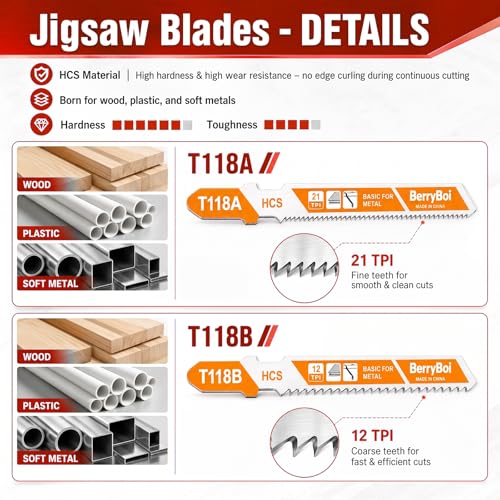 50-PCS T-Shank Jigsaw Blades Set for Wood & Metal, Plastic Cutting Assorted Jigsaw Blades with Plastic Case(T118A/T118B/T101B/T119BO/T111C/T144D)