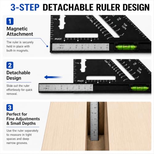 7 Inch Rafter Square with Level – Aluminum Alloy Carpenter Triangle Ruler, Woodworking Layout Tool with Detachable Stainless Steel Ruler & Anti-Glare Matte Finish for Framing, Marking & Measuring