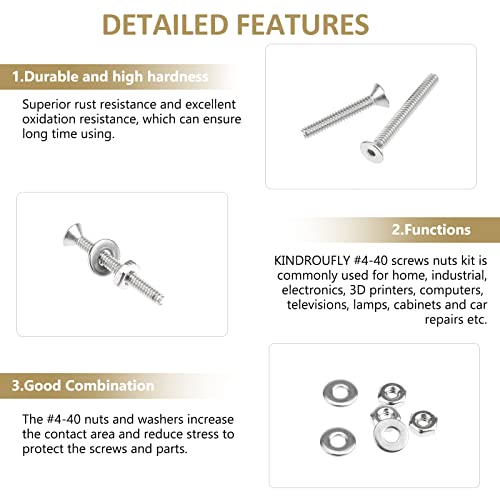 252 Pieces #4-40 x 3/16", 1/4", 5/16", 3/8", 1/2", 5/8", 3/4", 1", Countersunk Head Socket Cap Screws Nuts Washers Assortment Kit, 304 Stainless Steel, Fully Machine Thread - size: #4-40, style: Countersunk Head