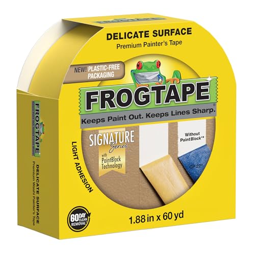 FrogTape Delicate Surface Painters Tape with PAINTBLOCK, 2 in Wide (1.88 in x 60 yd), Low Adhesion, Painting Tape Ideal for Freshly Painted Walls, Trim & Surfaces, Yellow, 1 Roll (280222) - size: 1 Roll, 1.88” Width
