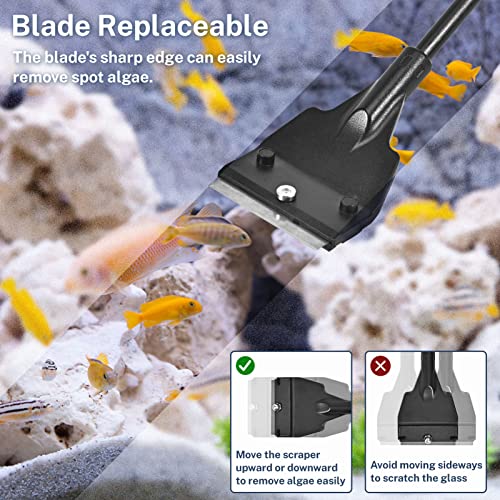 Olaismln Fish Tank Scraper Cleaner for Glass Aquariums, 21" Handheld Scraper Cleaning Razor with 5 Stainless Steel Blades for Fish Reef Plant Glass Tank