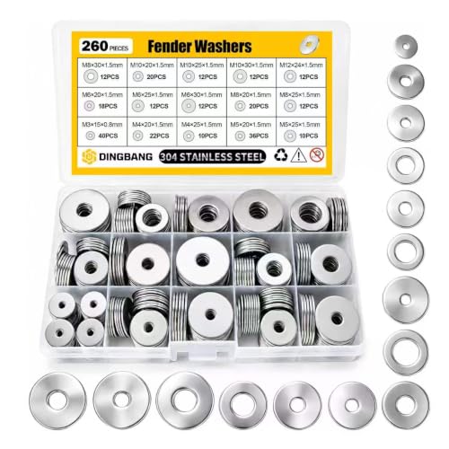 260Pcs Fender Washer Assortment Kit,304 Stainless Steel Assorted Washers,15 Sizes M3 M4 M5 M6 M8 M10 M12 Flat Washers Kit for Screws and Bolts,Hardware Fasteners for Industrial & DIY Use