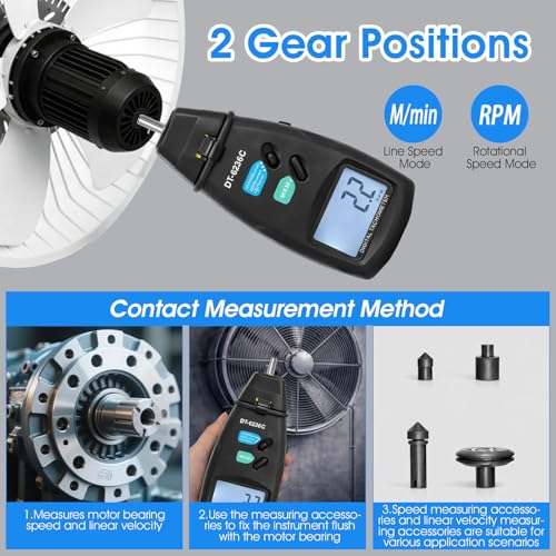 2-in-1 Digital RPM Tachometer Gauge, AIOMEST Non-Contact Laser Photo Tacómetro 2.5~99,999RPM, Contact Tester 0.5~19,999 RPM, RPM Meter for Engine, HVAC Motor, Drone propellor Speed - color: black