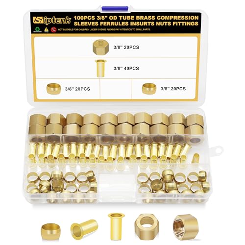 Siptenk 100PCS 3/8" Brass Compression Sleeves Ferrules & Inserts & Nuts - color: 100PCS 3/8" Fittings Sleeves Ferrules Inserts Nuts