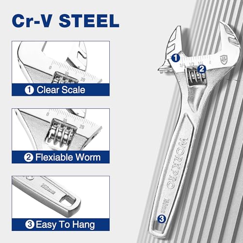 WORKPRO 6" Adjustable Wrench, Cr-V Steel, Chrome Plated Finish - color: Silver, size: 6 inch
