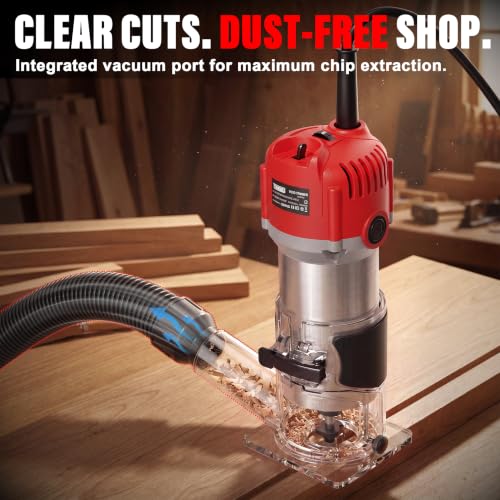 TEENO Wood Router Tool, 6.5 Amp 1.25 HP Wood Routers for Woodworking, 6 Variable Speeds, Aluminum 1/4" Compact Router With 15-Pc Tungsten Carbide Router Bits, Edge & Roller Guides, Carrying Case - color: Silver Red