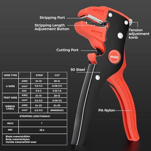WGGE Automatic Wire Stripper and Cutter, 10-24 AWG, 7-Inch