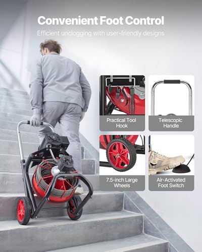 VEVOR Drain Cleaner Machine 100FT x 3/8 Inch, Auto Feed Sewer Snake Auger on Wheels, 370W Portable Drain Cleaning Machine with 8 Cutters & Air-activated Foot Switch for 2" to 4" Pipes - style: 100 FT x 3/8''