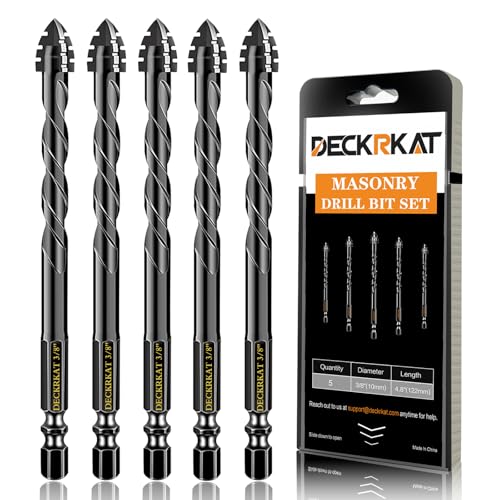 DECKRKAT Upgraded 5-Piece 3/8 Inch Black 4-Flute Serrated Masonry Drill Bits - Concrete, Tile, Glass, Brick, Ceramic, Plastic, Wood - size: 5 Piece 3/8", style: 4-Flute Serrated Drill Bit