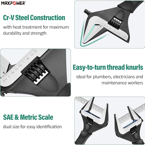 MAXPOWER 12-inch Wide Jaw Adjustable Wrench, 2.4" Jaw Opening, Cr-V Steel - size: 12-inch