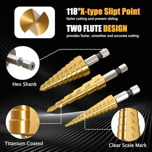 3PCS Titanium Step Drill Bit - 4241 HSS Step Bit with Two Straight Flutes - color: 3Pcs Straight