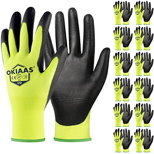 OKIAAS PU Coated Work Gloves Men, Ultra Grip & Lightweight, 12 Pairs Bulk - color: Yellow (12 Pairs), size: Medium