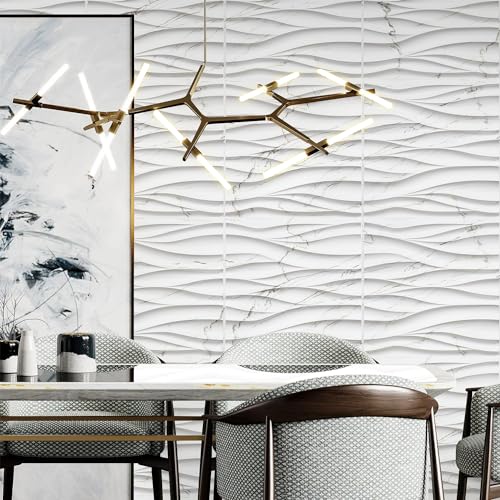 STICKGOO Wave 3D Wall Panels, White Marble, 19.7" x 19.7" - color: White Marble Mixed Gold Thread