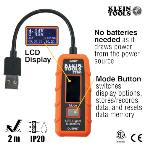 Klein Tools ET900 USB Power Meter, USB-A Digital Meter for Voltage, Current, Capacity, Energy Resistance - style: USB-A Meter
