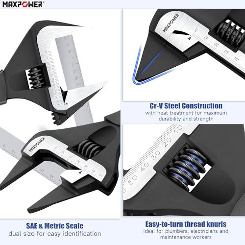MAXPOWER 12-inch Slim Jaw Adjustable Wrench, Extra Thin Jaw Wide Opening Adjustable Wrench, Dual Scale with Metric and SAE, Soft Grip Handle - size: 12"