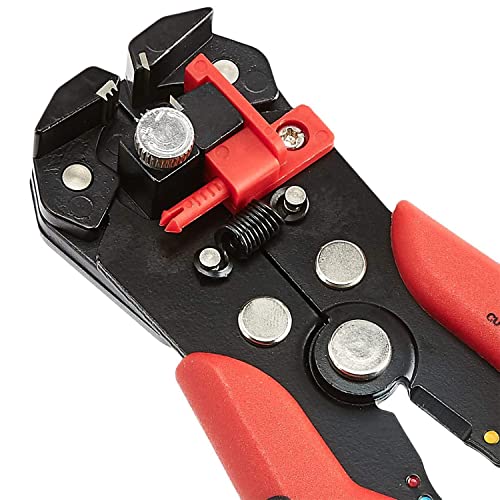 Amazon Basics Self-Adjusting Wire Stripper and Crimping Tool, Strips 10-24 AWG, Black/Red