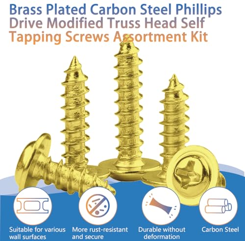 #4#8#10 Phillips Modified Truss Head Wood Screws Assortment Kit, Self Tapping Sheet Metal Screws for Wood, Brass Plated Carbon Steel, Golden, 175 Pieces (1/2", 3/4", 1", 1-1/2") - size: #4 #8 #10 Kit