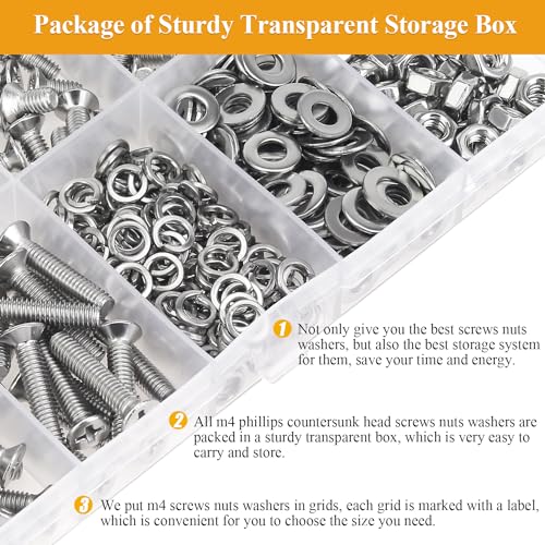 385 Pieces M4 Machine Screws Nuts Washers Set, Sutemribor M4 x 5/6/8/10/12/16/20mm Phillips Countersunk Head Machine Screws Nuts Washers Assortment Kit, 304 Stainless Steel, Fully Threaded - size: M4, style: Phillips Countersunk Head