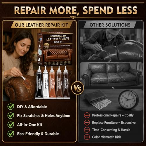Vigorder Brown Leather Repair Kit for Furniture, Leather Couch Repair Kit for Sofa, Car Seats, Jacket and Purse, Fix Scratches, Tears, Holes, Cracks and Peeling with Easy Instructions