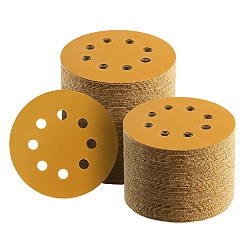 100 Pcs 5 Inch Sanding Discs Hook and Loop, 8 Hole Gold Premium 400 Grit Dustless Random Orbit Sandpaper for Woodworking or Automotive - style: 400 Grit-100 Discs