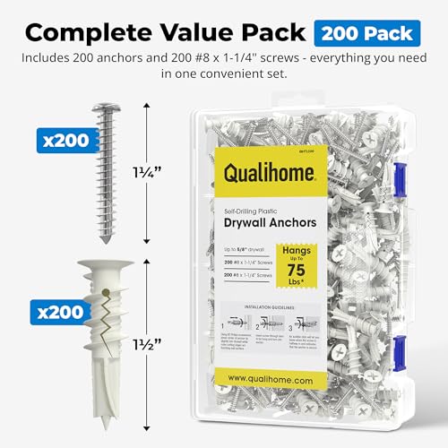 Qualihome Drywall Anchors with Screws – Self-Drilling Drywall Anchors, Anti-Spin Grip, No Pre-Drill Wall Anchor Kit, Strong & Reliable Hold, 200 Pack (400 Pieces) - style: 200 Pack (400 Pieces)