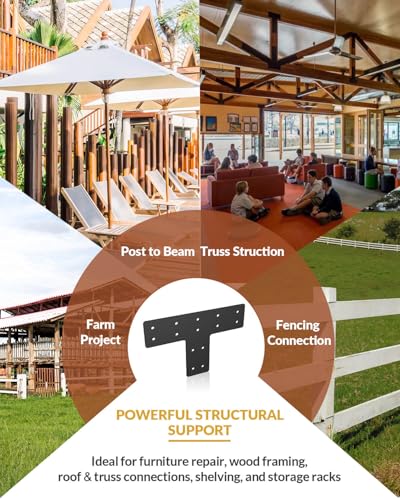6 Pcs Heavy Duty T Plate Brackets, 12"x8" Black T Shape Mending Plate, 0.12" (3mm) Thick Steel Flat Bracket for 4x4 6x6 Wood Post to Beam, Truss Framing, Pergola & Furniture Repair - size: 6 Pack, style: Standard T-Plate