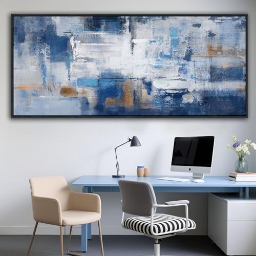 KLAKLA Extra Large Wall Art 86x29 Inches - Abstract Huge Canvas Picture Wall Decor Living Room Oversized Artwork for Walls Bedroom Office Decoration Modern Frame Wall Art - color: Blue-White-Gray + Black frame, size: 86"L x 39"W