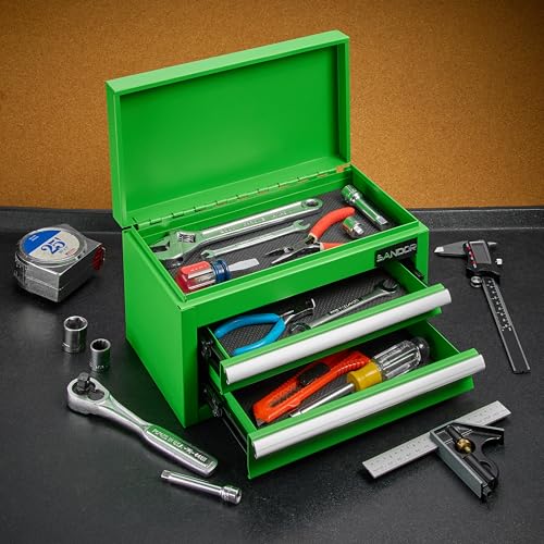 Mini Tool Box - Metal Tool Chest with 2 Drawers & PVC Drawer Liners - Green - color: Green