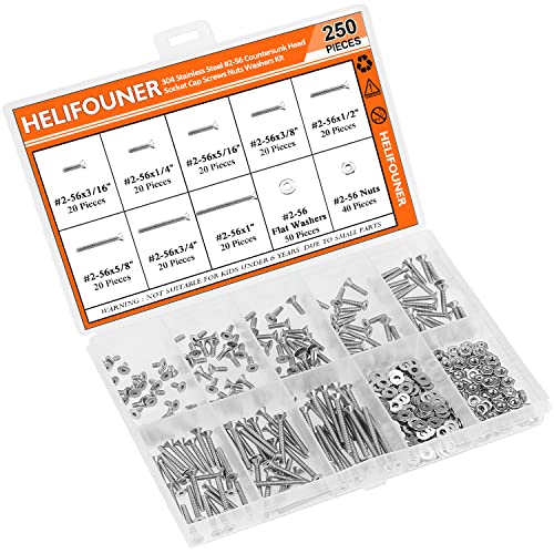 HELIFOUNER 250 Pieces #2-56 x 3/16" 1/4" 5/16" 3/8" 1/2" 5/8" 3/4" 1", Countersunk Head Socket Cap Screws Bolts Washers Nuts Kit, Coarse Thread, Fully Machine Threaded, 304 Stainless Steel - size: #2-56, style: Countersunk Head