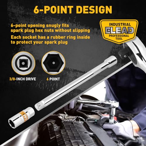ELEAD 8-Piece 3/8" Drive Spark Plug Socket Set with Universal Joint, Spark Plug Gapper and 6" Extension Bar, SAE & Metric, 5/8", 3/4", 13/16", 14mm, 18mm, CR-V Sockets with Rubber Holding Rings - size: 8-Piece Spark Plug Socket Set
