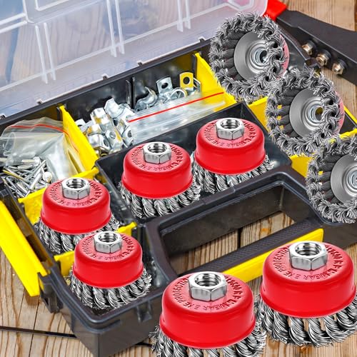 9 Pack Wire Cup Brush for Angle Grinder 5/8"-11 UNC Threaded Arbor Knotted Carbon Steel Wire Brushes Rust & Paint Removal Heavy Duty Cleaning Cup Brush Set