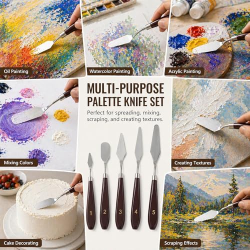 5-Piece Stainless Steel Palette Knife Set | Oil, Acrylic, Watercolor Painting, Cake Decorating, Art & Mixing Tools, Texture Creation