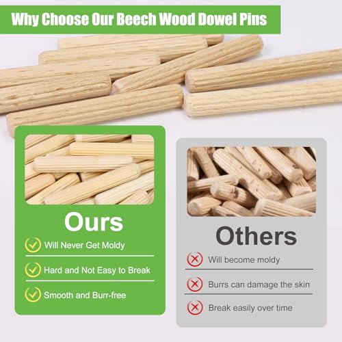 5/16" x 2" Wooden Dowel Pins, FoDau770 Fluted Wood Dowel Rods, Natural Beech Wood Dowel Pegs for Crafts, Woodworking, DIY Furniture - 200 Pieces - size: 5/16" x 2"