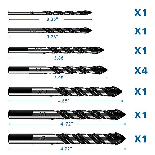 10-Piece Masonry Drill Bit Set for Concrete Tile Glass Ceramic Brick,1/8 to 1/2 Inch Drilling Bits with Triangle Handle,Tungsten Steel Alloy Tip.（Black） - size: 10 Piece 1/8"-1/2" Drill Bit Set